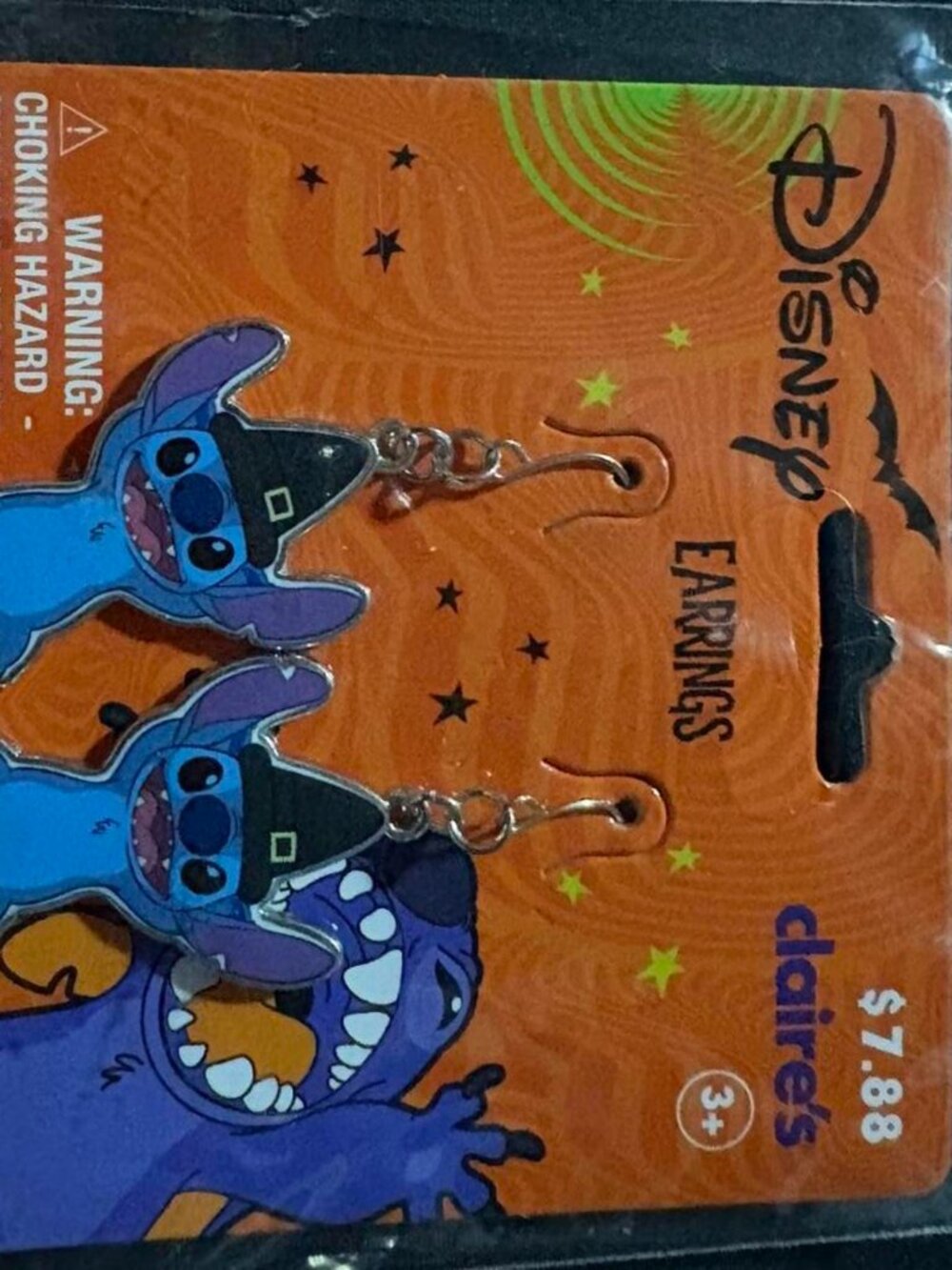 Disney Stitch Halloween earrings with blue Stitch wearing a witch hat